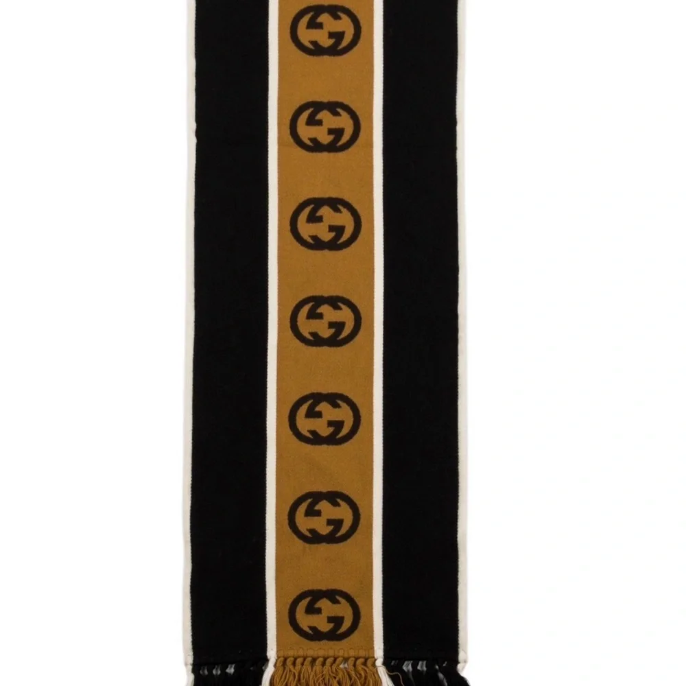 Gucci Camel, Brown & Black GG Logo Knit Scarf wool New with Tags - Picture 5 of 8